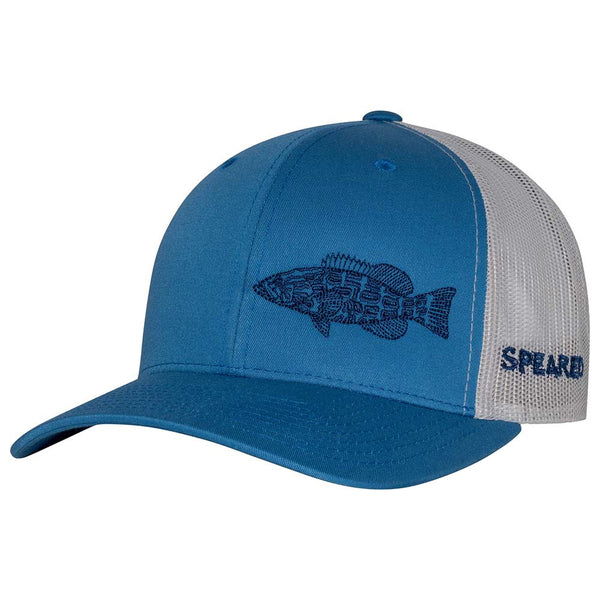 Speared Black Grouper Trucker Hat: Blue Steel/Silver