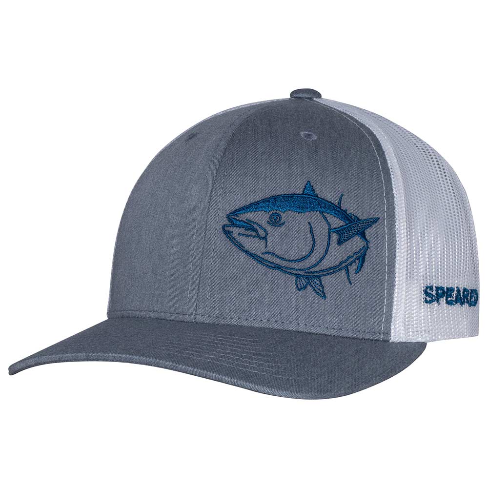 Speared Bluefin Tuna Trucker Hat: Heather Gray/White