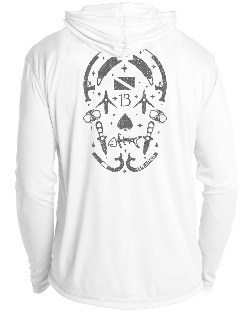 Gearhead Skull Spearfishing: UV UPF 50+ Sun Protection Hoodie Down: White - Back