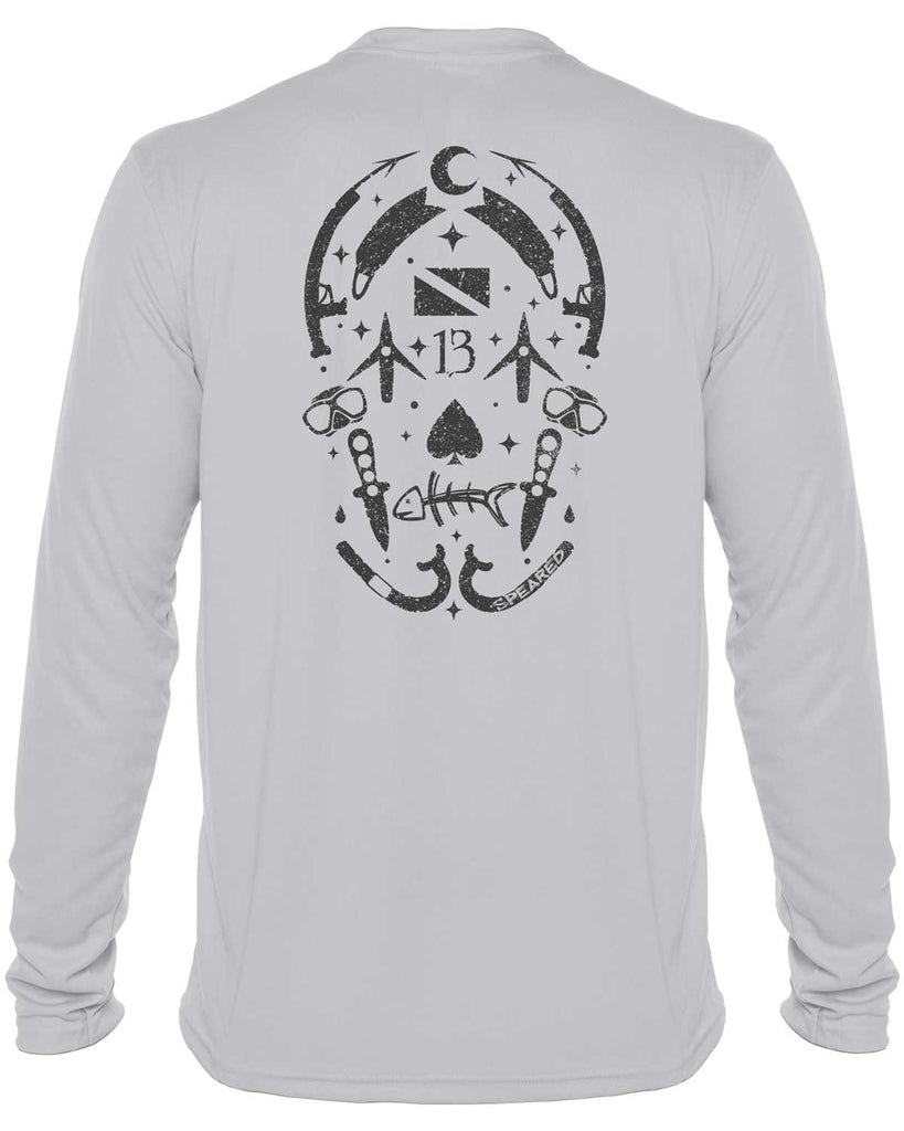 Gearhead Skull Spearfishing: UV UPF 50+ Sun Protection Shirt Down: Gray - Back