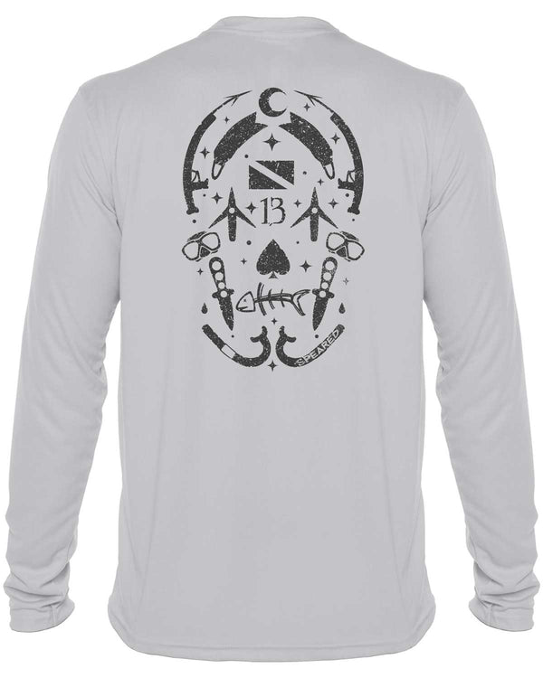 Gearhead Skull Spearfishing: UV UPF 50+ Sun Protection Shirt Down: Gray - Back