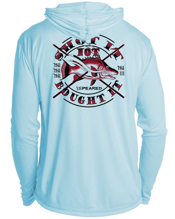 Hogfish: Shot It Not Bought It: UV UPF 50+ Sun Protection Hoodie Down: Lt Blue - Back