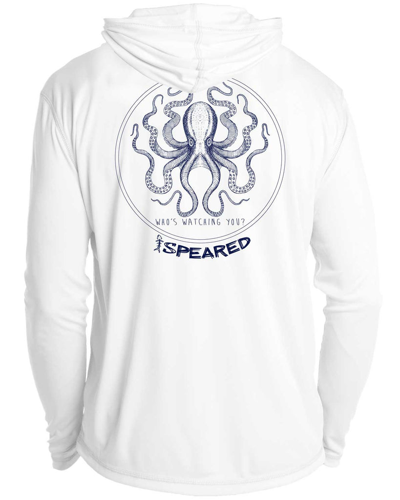 Kraken Spearfishing: UV UPF 50+ Sun Protection Hoodie Down: White - Back