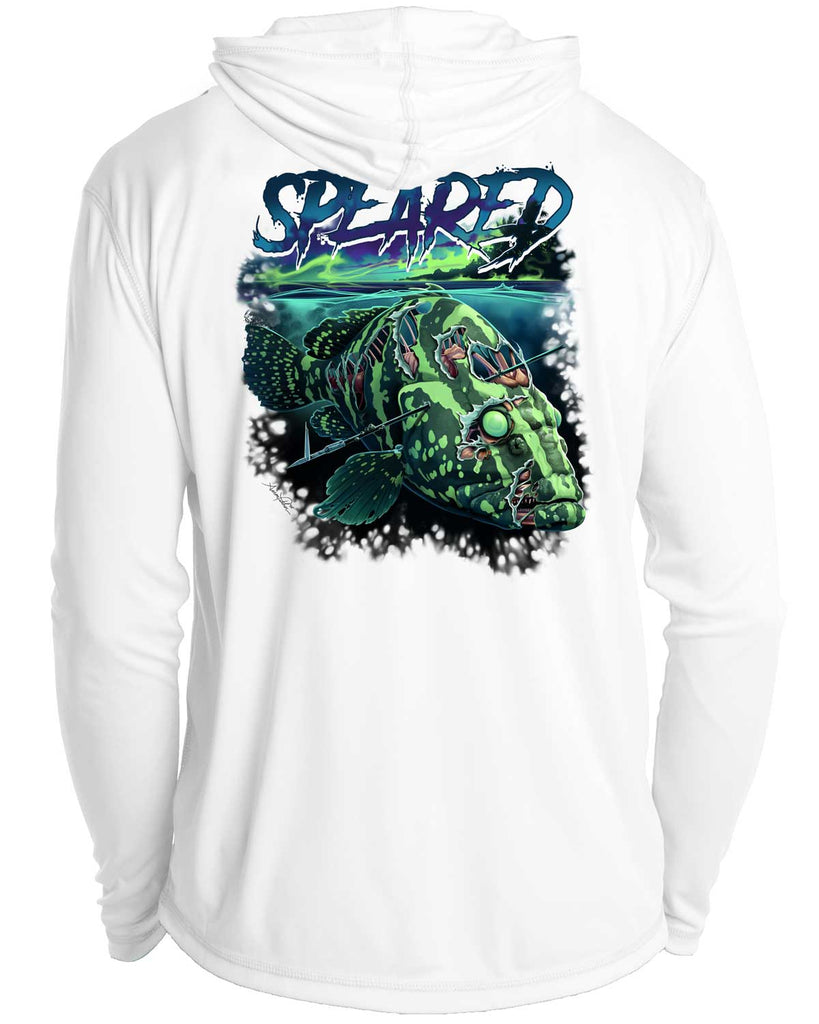 Zombie Grouper Spearfishing: UV UPF 50+ Sun Protection Hoodie Down: White - Back